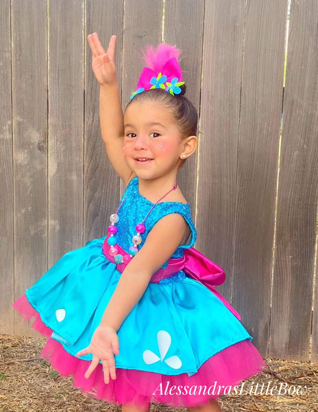 princess poppy tutu dress HEADBAND INCLUDED! Your little one will be ready to sing and dance and hug in this Princess Poppy inspired tutu dress! The top is made of a stretchy crochet and the dress