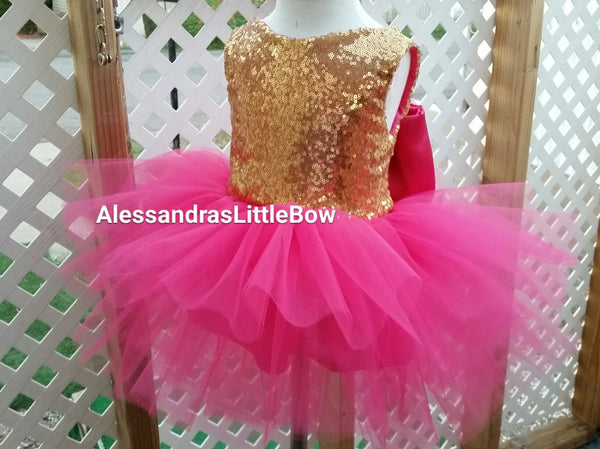 The Princess dress in hot pink and gold knee lenght - AlessandrasLittleBow