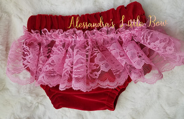 Red Velvet and Pink Lace Skirted Bloomers - AlessandrasLittleBow