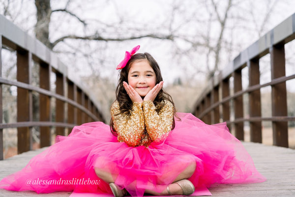 High Low Princess Couture Dress in Hot Pink and Gold - AlessandrasLittleBow
