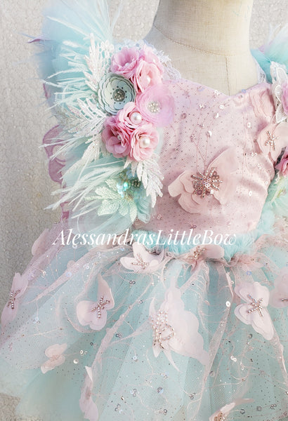 Pink and aqua beaded butterfly Couture Romper
