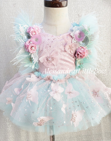 Pink and aqua beaded butterfly Couture Romper