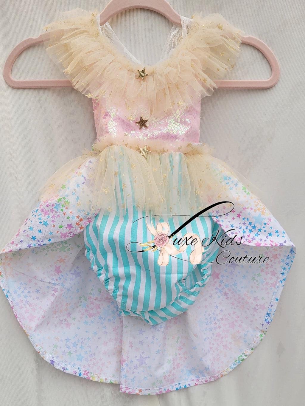 Whimsical Clown Romper in pastel colors