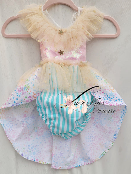 Whimsical Clown Romper in pastel colors
