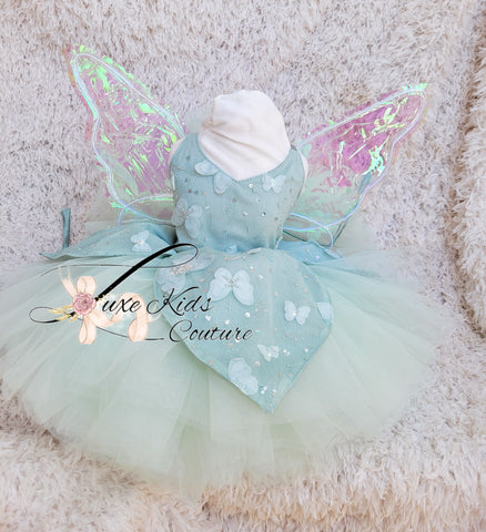READY TO SHIP size 12-24mo Mint Green Fairy butterfly couture dress with wings