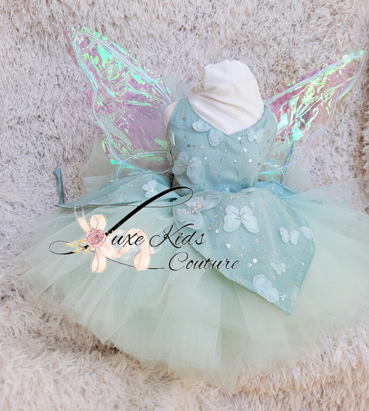 READY TO SHIP size 12-24mo Mint Green Fairy butterfly couture dress with wings