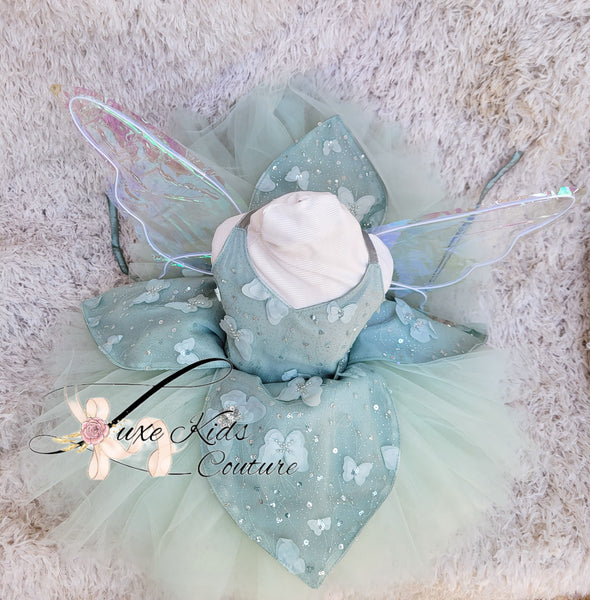 READY TO SHIP size 12-24mo Mint Green Fairy butterfly couture dress with wings