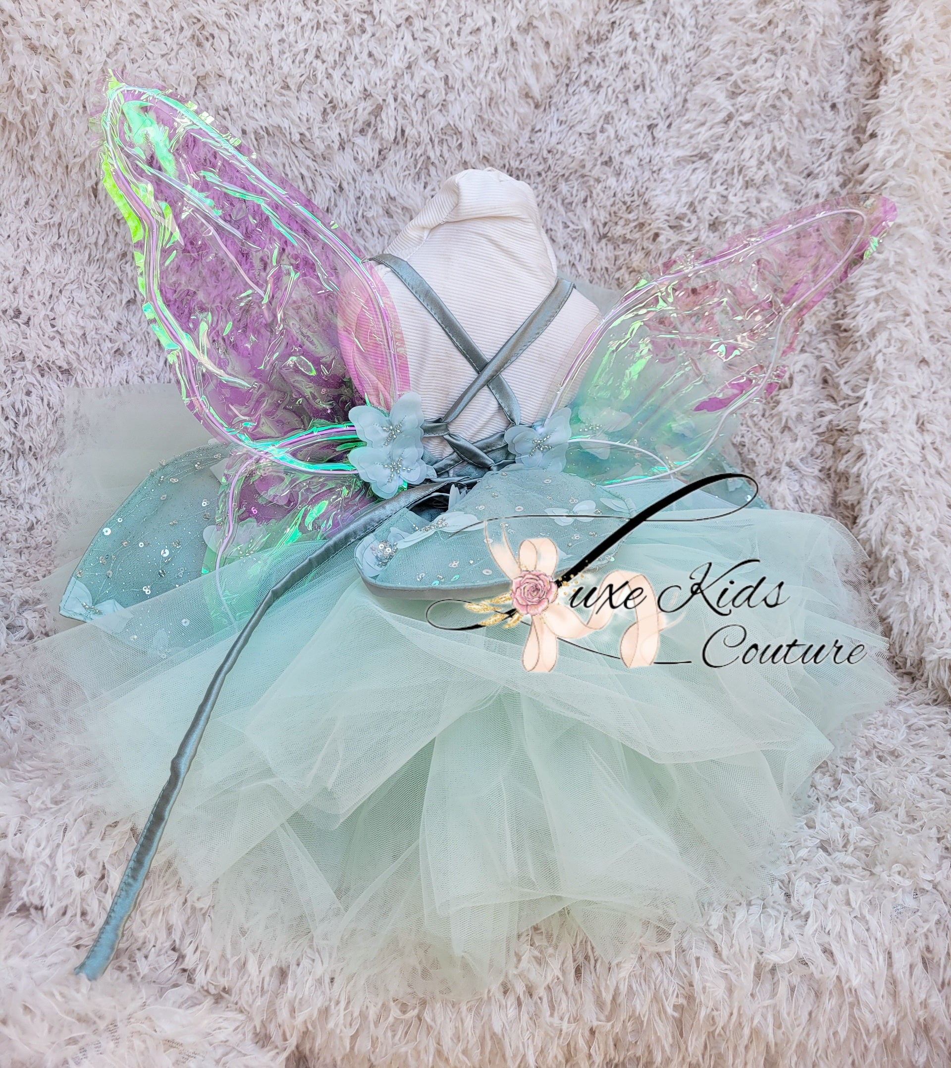 READY TO SHIP size 12-24mo Mint Green Fairy butterfly couture dress with wings