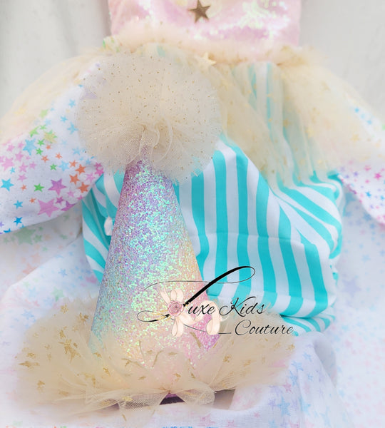 Whimsical Clown Romper in pastel colors