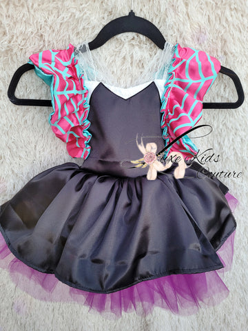 Ghost Spider Inspired Whimsical Romper Dress – Pink & Teal Spider Girl Costume