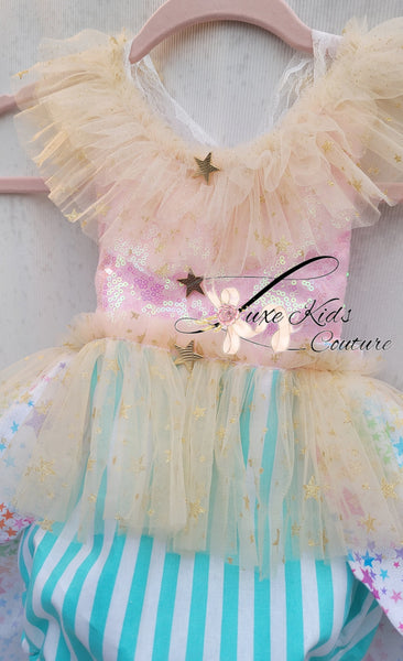 Whimsical Clown Romper in pastel colors