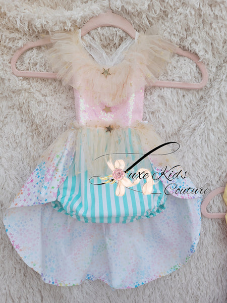 Whimsical Clown Romper in pastel colors