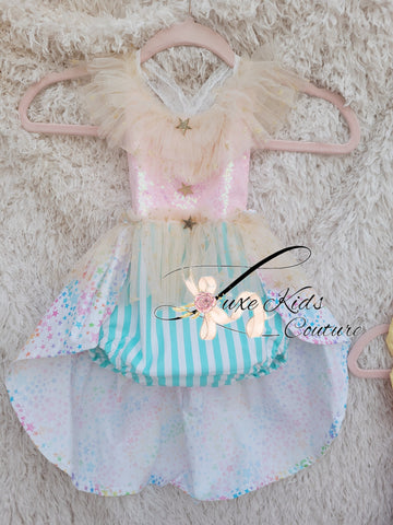 Whimsical Clown Romper in pastel colors