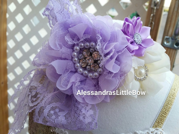 Lavender and white lace headband - AlessandrasLittleBow