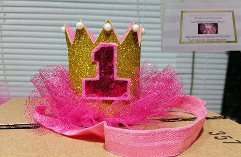 pink and gold first birthday crown - AlessandrasLittleBow