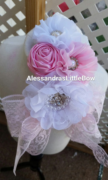 light pink and white lace headband - AlessandrasLittleBow