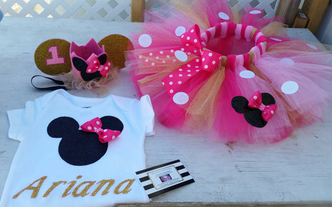 Pink and gold Minnie mouse birthday outfit 3 piece - AlessandrasLittleBow