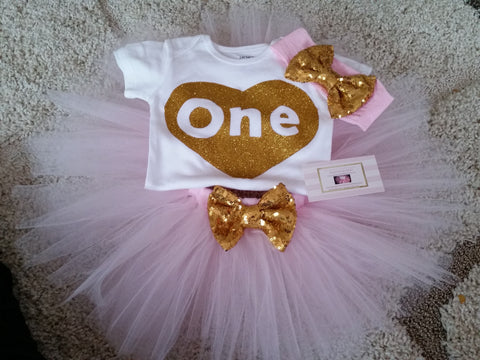 Pink and gold heart birthday outfit - AlessandrasLittleBow