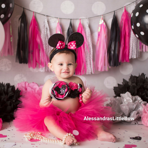 Let's Party Minnie mouse pink cake smash outfit - AlessandrasLittleBow