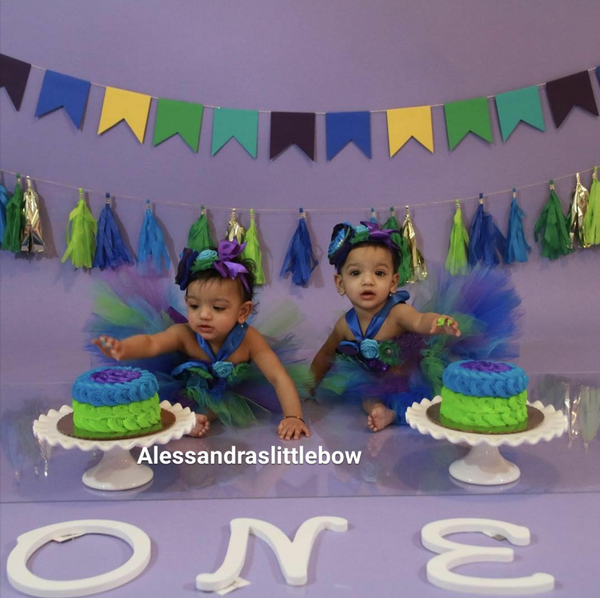 Peacock inspired cake smash outfit - AlessandrasLittleBow