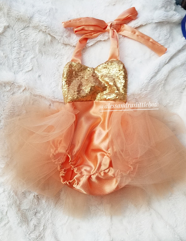 Peach and gold sequin Romper - AlessandrasLittleBow