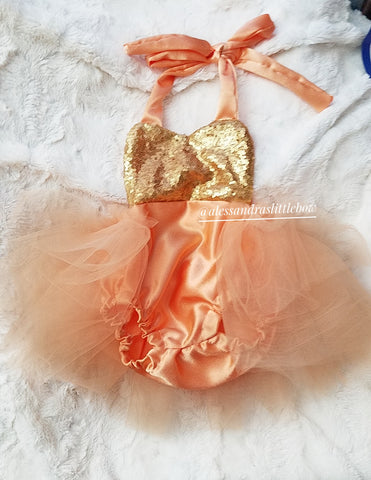 Peach and gold sequin Romper - AlessandrasLittleBow