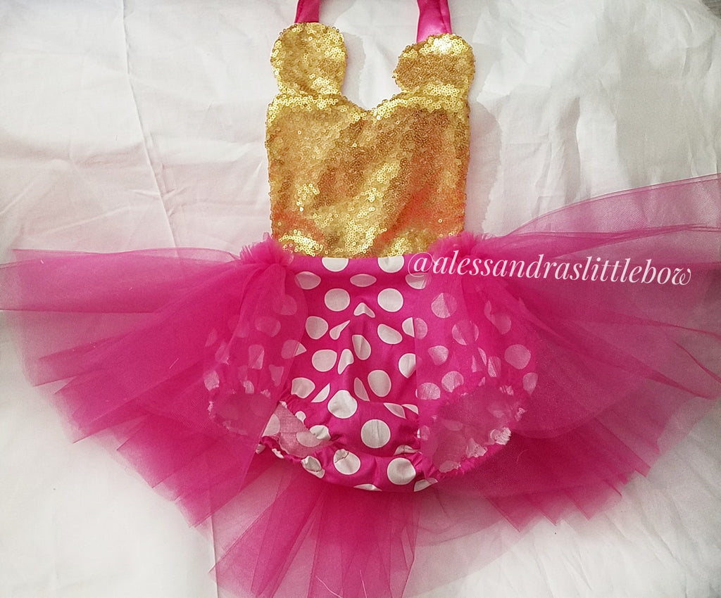 Hot pink ans gold Minnie Mouse sequin Romper - AlessandrasLittleBow