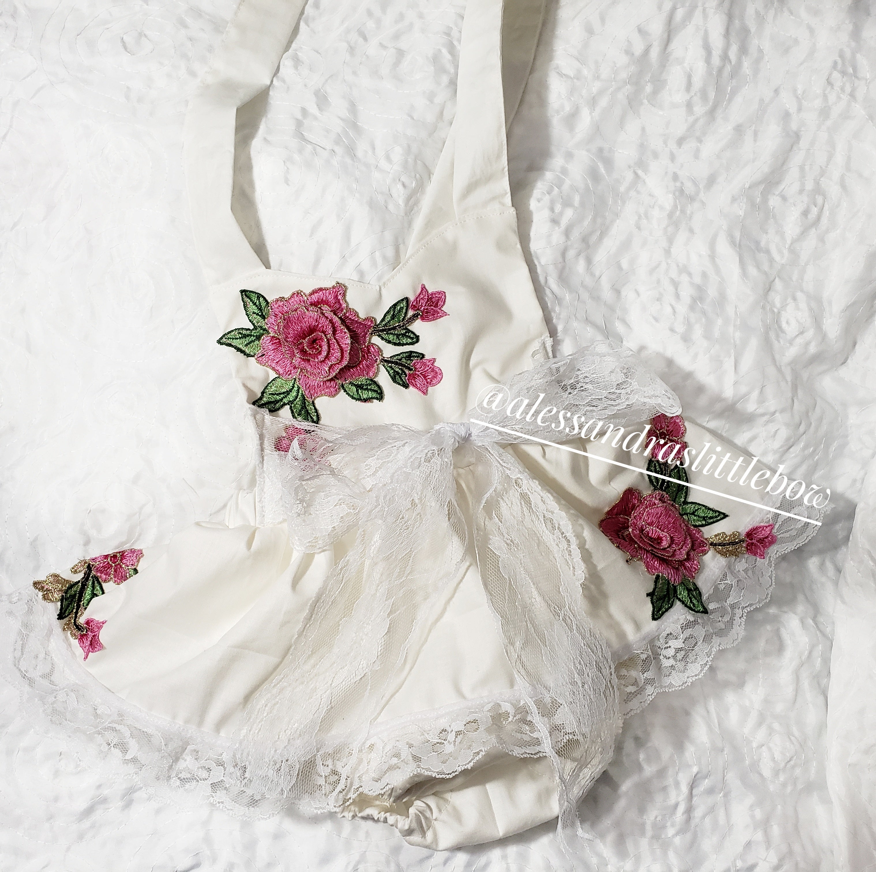 Rosa Traditional Fiesta Romper in White and pink - AlessandrasLittleBow
