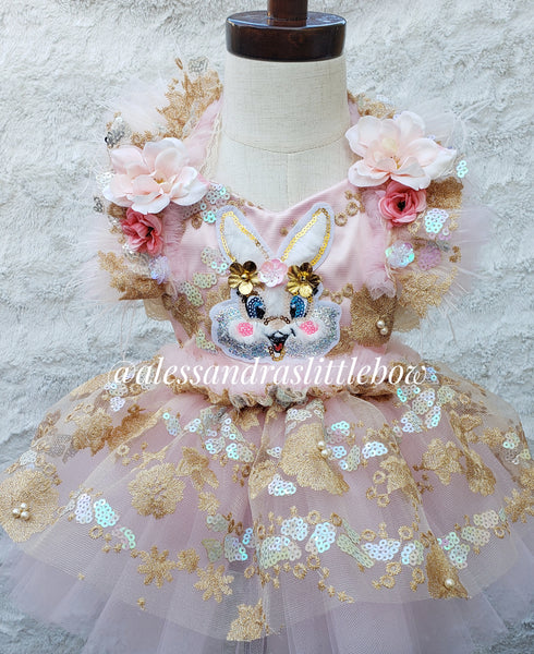 Deluxe Couture Bunny  romper - pink and Gold tones