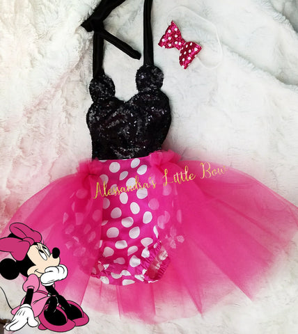 Hot pink Minnie Mouse sequin Romper - AlessandrasLittleBow