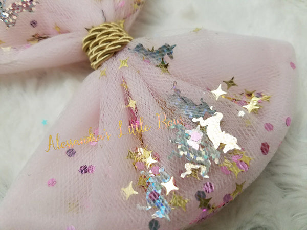 Pink Unicorn Confetti Bow - AlessandrasLittleBow