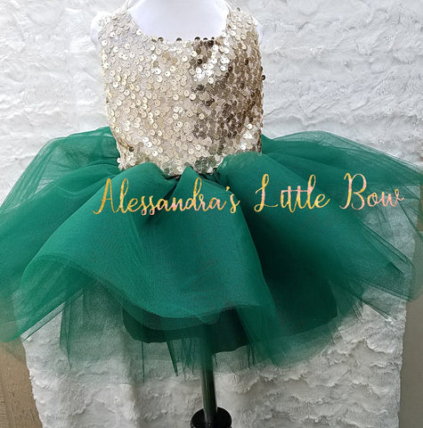 Milani Romper in Hunter Green and gold sequins - AlessandrasLittleBow