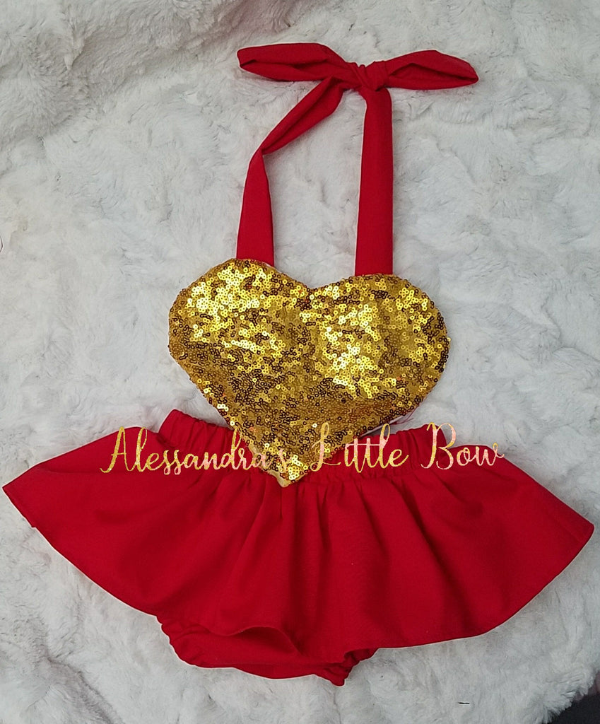 Valentine' Romper in Red and gold - AlessandrasLittleBow