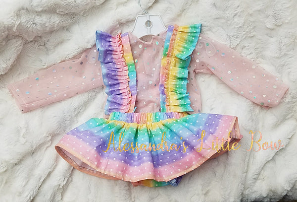 Rainbow Dots Ruffle Suspender Skirt - AlessandrasLittleBow