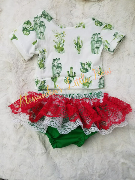Cactus Outfit with red Lace skirted bloomers - AlessandrasLittleBow