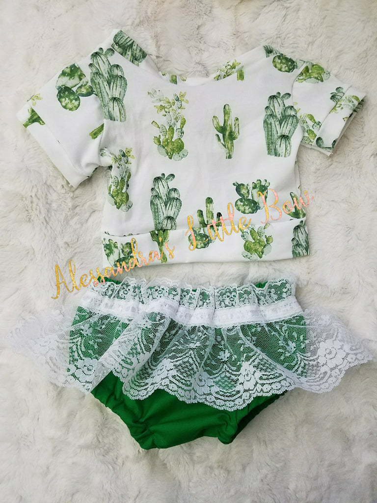 Cactus Outfit with white Lace skirted bloomers - AlessandrasLittleBow