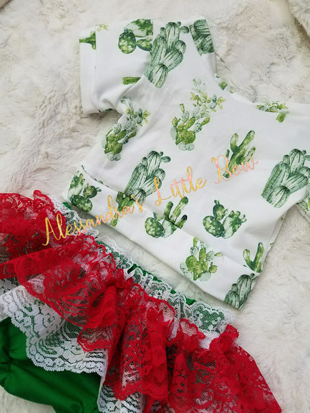 Cactus Outfit with red Lace skirted bloomers - AlessandrasLittleBow