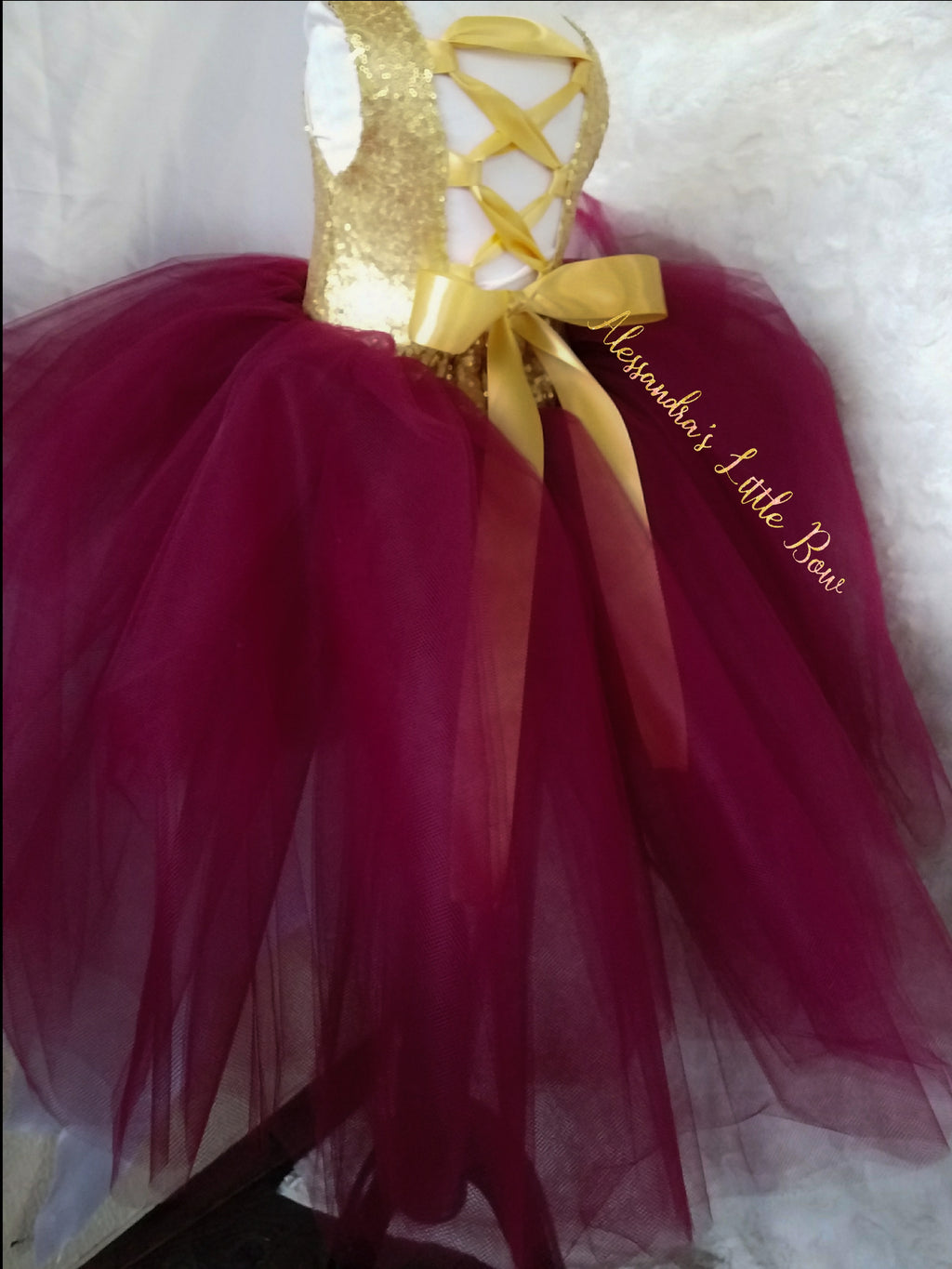 Princess Natalie High Low Couture Dress in Burgandy and Gold - AlessandrasLittleBow