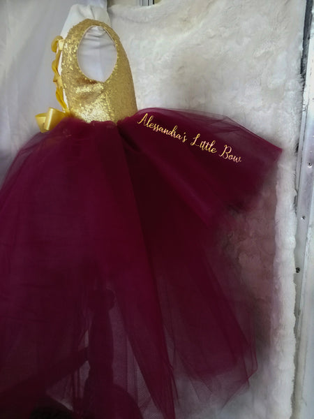 Princess Natalie High Low Couture Dress in Burgandy and Gold - AlessandrasLittleBow