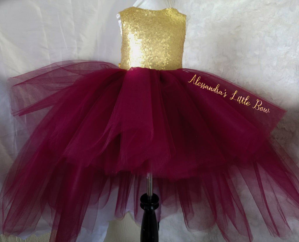 Princess Natalie High Low Couture Dress in Burgandy and Gold - AlessandrasLittleBow