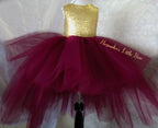Princess Natalie High Low Couture Dress in Burgandy and Gold - AlessandrasLittleBow