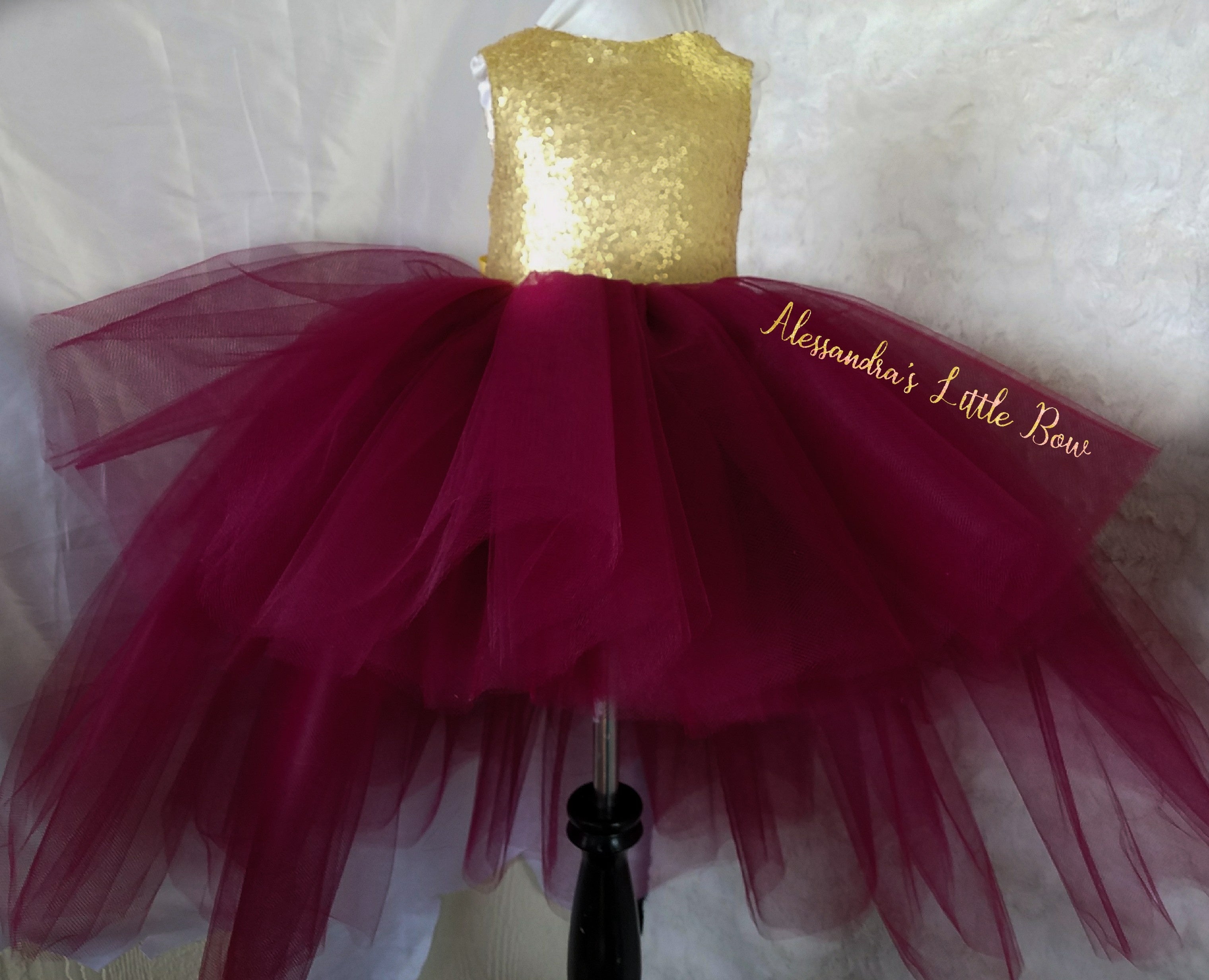 Princess Natalie High Low Couture Dress in Burgandy and Gold - AlessandrasLittleBow