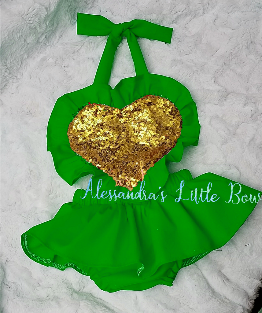 Green and Gold heart Ruffle Romper - AlessandrasLittleBow