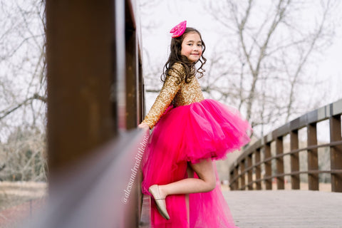 High Low Princess Couture Dress in Hot Pink and Gold - AlessandrasLittleBow