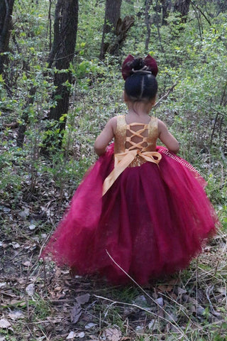 Princess Natalie High Low Couture Dress in Burgandy and Gold - AlessandrasLittleBow