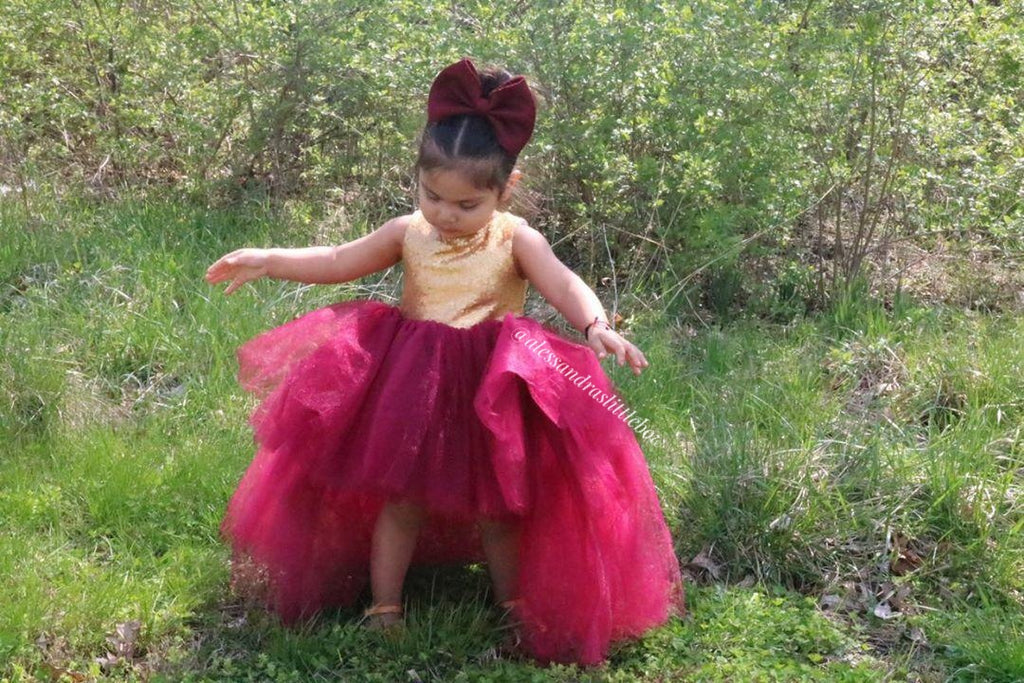 Princess Natalie High Low Couture Dress in Burgandy and Gold - AlessandrasLittleBow