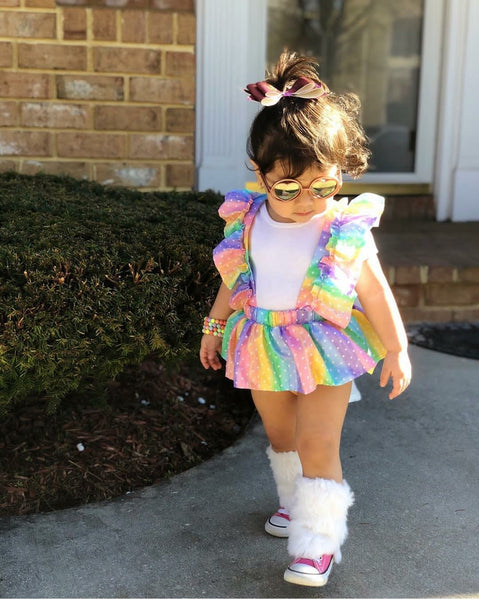 Rainbow Dots Skirted Bloomers With Ruffle Suspenders - AlessandrasLittleBow