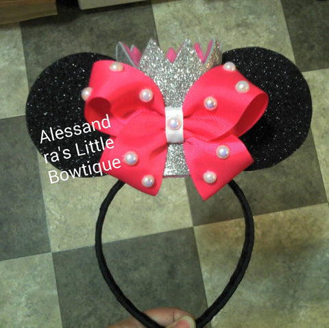Pearl bow minnie mouse pink crown with ears - AlessandrasLittleBow