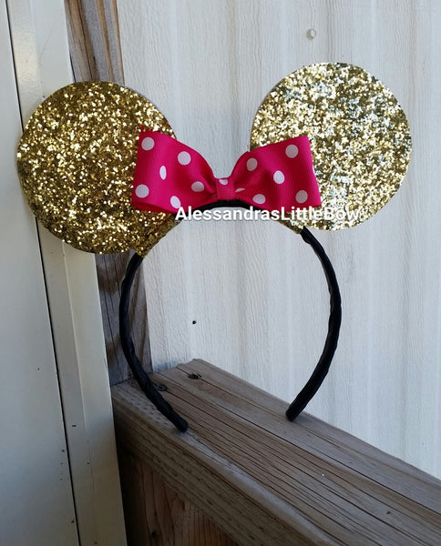 Ears glitter headband with polka dots bow - AlessandrasLittleBow